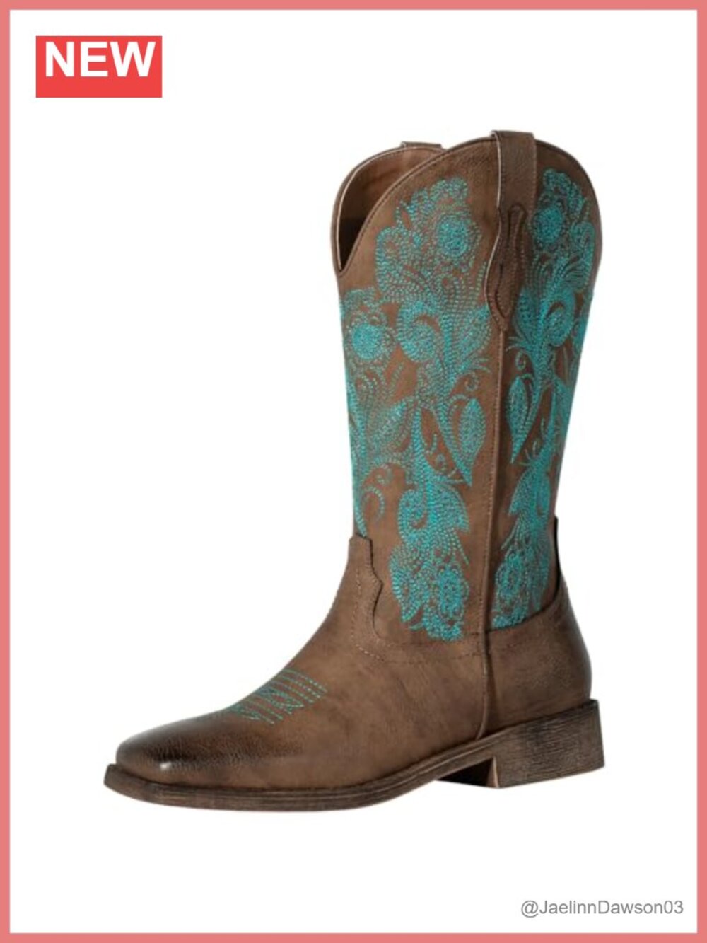 Women's Square Toe Cowboy Boots Floral Embroidered Faux Leather Mid-Calf